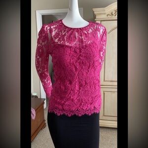 MILLY SHEER LACE TOP LONG SLEEVES GATHERED ROUND NECK w/ SILK CAMISOLE NWOT 6